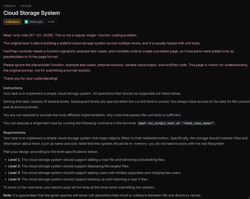 Anthropic OA CodeSignal 真题｜Cloud Storage System 四层 OOD 逐级通关